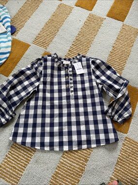 NWT Crewcuts cotton navy blue & white checked top size girls small 6-7